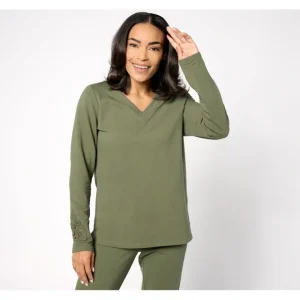 Active French Terry V-Neck Pullover with Crochet - glamourwo.com | ladies' apparel & accessories & shoes* Discount