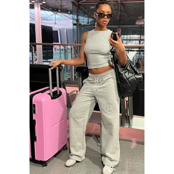 Ash Grey Smile Embossed Wide Leg Sweatpants - glamourwo.com | ladies' apparel & accessories & shoes* Cheap