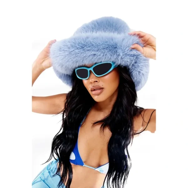 Baby Blue Fluffy Faux Fur Bucket Hat - glamourwo.com | ladies' apparel & accessories & shoes* Sale