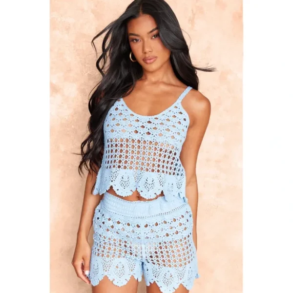 Baby Blue Textured Crochet Frill Hem Crop Top - glamourwo.com | ladies' apparel & accessories & shoes* Store