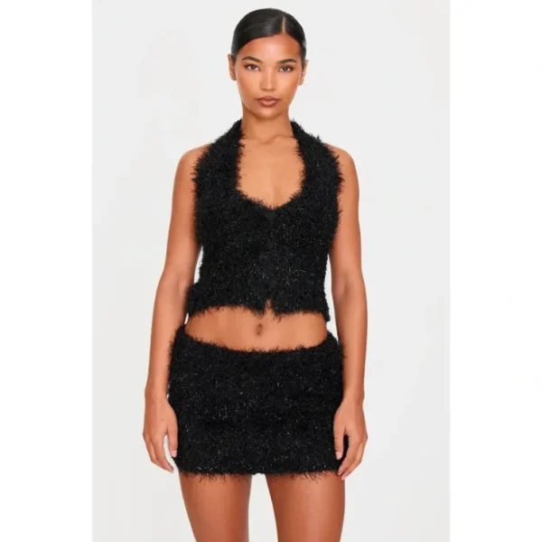 Black Bobble Eyelash Knit Halterneck Vest - glamourwo.com | ladies' apparel & accessories & shoes* Discount