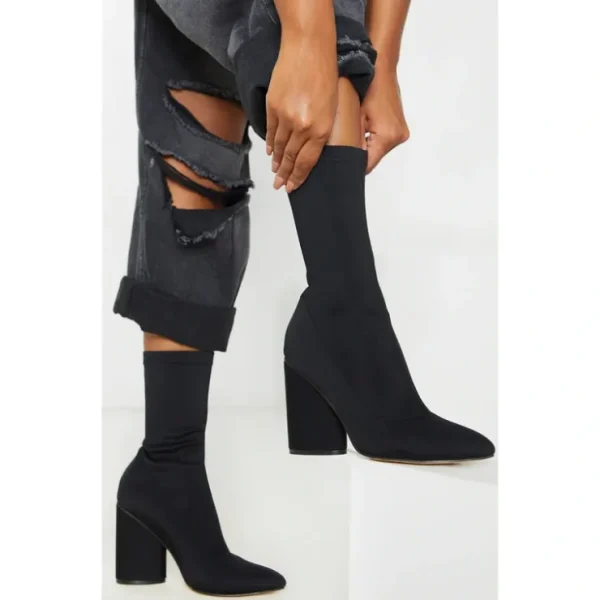 Black Chunky Block Heel Sock Boot - glamourwo.com | ladies' apparel & accessories & shoes* Hot