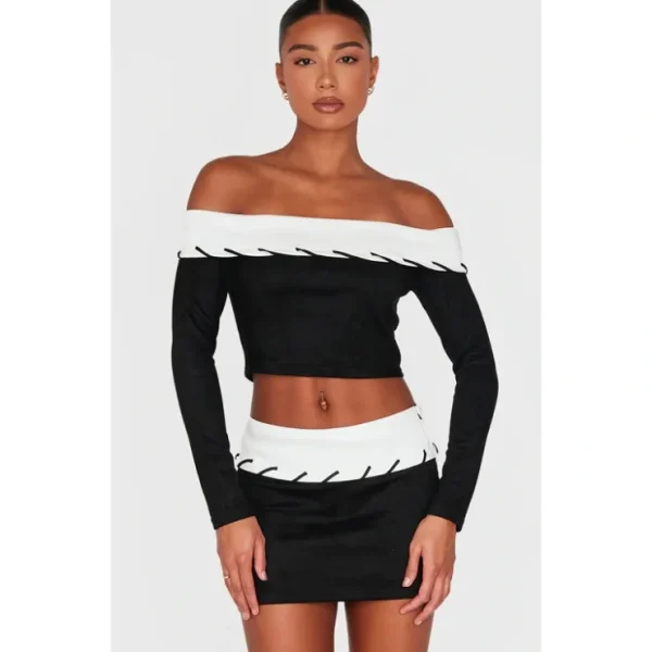 Black Contrast Foldover Stitch Bardot Top - glamourwo.com | ladies' apparel & accessories & shoes* New