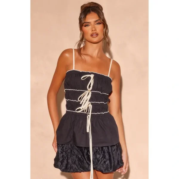 Black Contrast Stitch Tiered Bow Top | Tops - glamourwo.com | ladies' apparel & accessories & shoes* Cheap