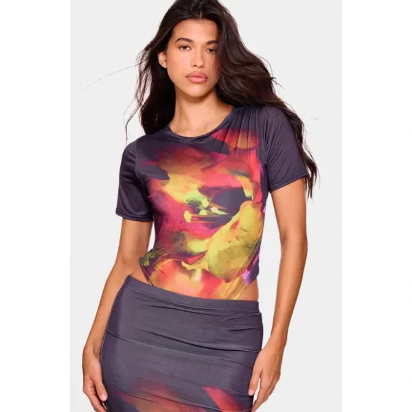 Black Floral Printed Keyhole Back Bodysuit - glamourwo.com | ladies' apparel & accessories & shoes* Outlet