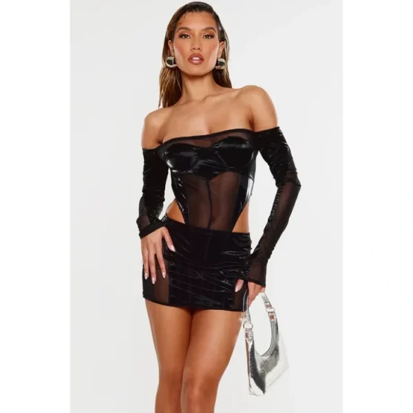 Black High Shine Panelled Bardot Corset - glamourwo.com | ladies' apparel & accessories & shoes* Outlet