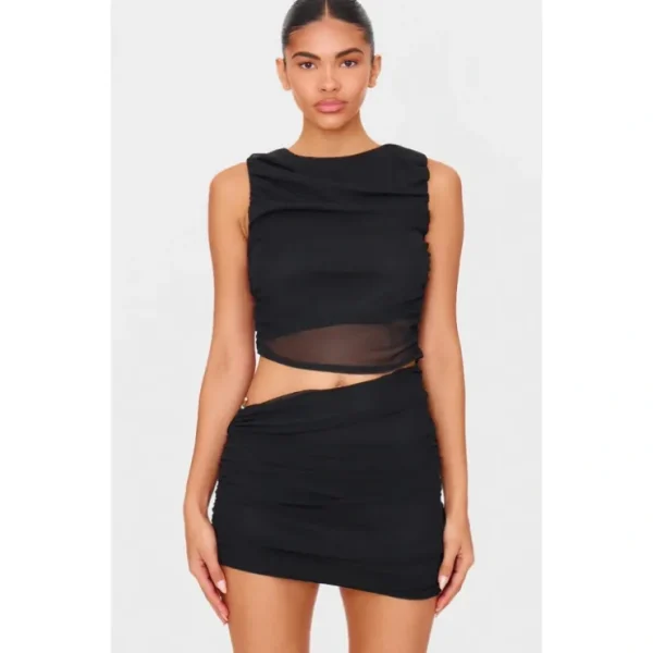 Black Mesh Ruched Trim Detail Crop Top - glamourwo.com | ladies' apparel & accessories & shoes* Cheap