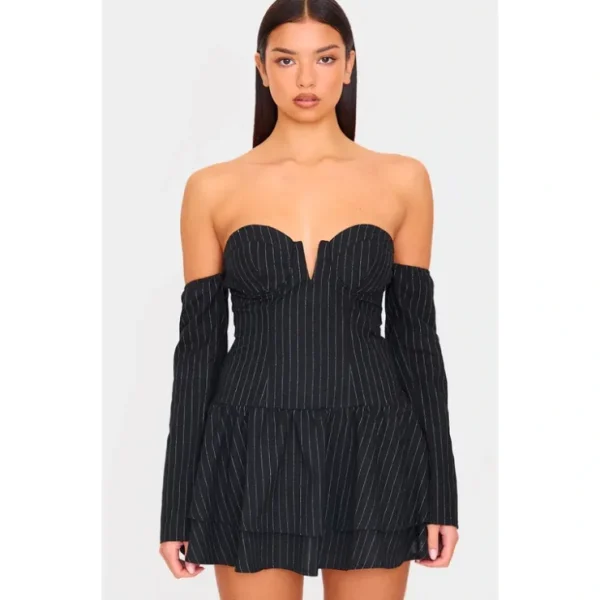 Black Pinstripe Cup Detail Bardot Shift Dress - glamourwo.com | ladies' apparel & accessories & shoes* Sale
