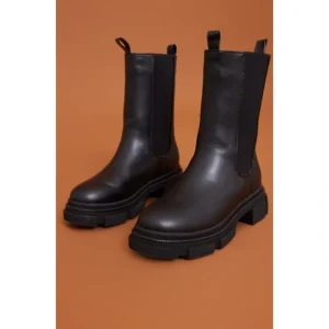 Black Pu Round Toe Cleated Chunky Sole Ankle Boots - glamourwo.com | ladies' apparel & accessories & shoes* Sale