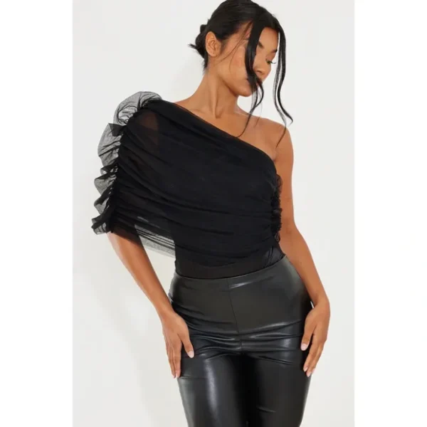 Black Sheer Ruffle One Shoulder Bodysuit - glamourwo.com | ladies' apparel & accessories & shoes* Flash Sale
