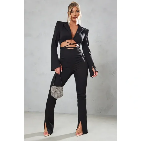 Black Split Hem Tie Waist Cut Out Blazer Jumpsuit - glamourwo.com | ladies' apparel & accessories & shoes* New