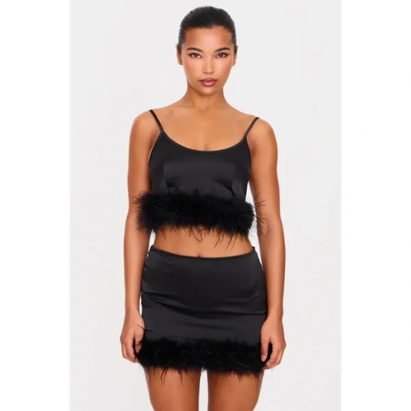 Black Textured Satin Feather Trim Strappy Top - glamourwo.com | ladies' apparel & accessories & shoes* Fashion