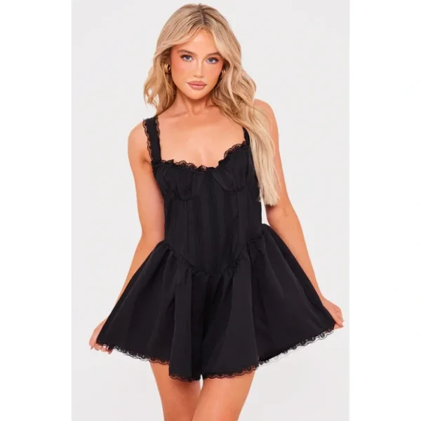 Black Woven Lace Detail Strappy Romper - glamourwo.com | ladies' apparel & accessories & shoes* Cheap