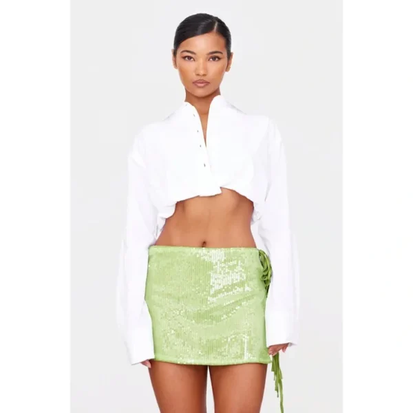 Bright Green Tie Side Detail Sequin Mini Skirt - glamourwo.com | ladies' apparel & accessories & shoes* Shop