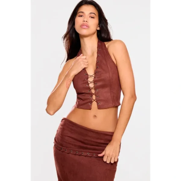 Brown Faux Suede Eyelet Detail Halterneck Top - glamourwo.com | ladies' apparel & accessories & shoes* Best