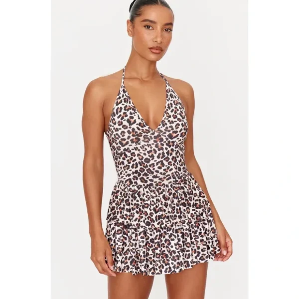 Brown Leopard Print Slinky Halter Neck Rara Skort Romper - glamourwo.com | ladies' apparel & accessories & shoes* Shop