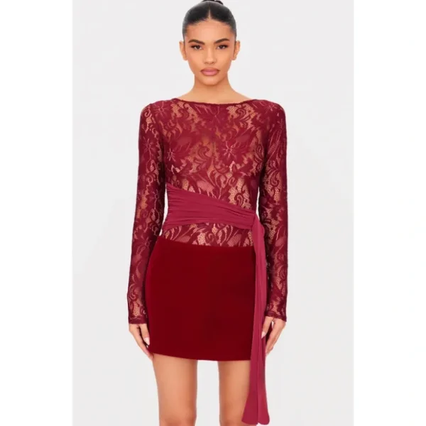 Burgundy Lace Wrap Detail Long Sleeve Bodysuit - glamourwo.com | ladies' apparel & accessories & shoes* Store