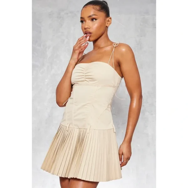 Camel Tailored Woven Corset Pleated Shift Dress - glamourwo.com | ladies' apparel & accessories & shoes* New