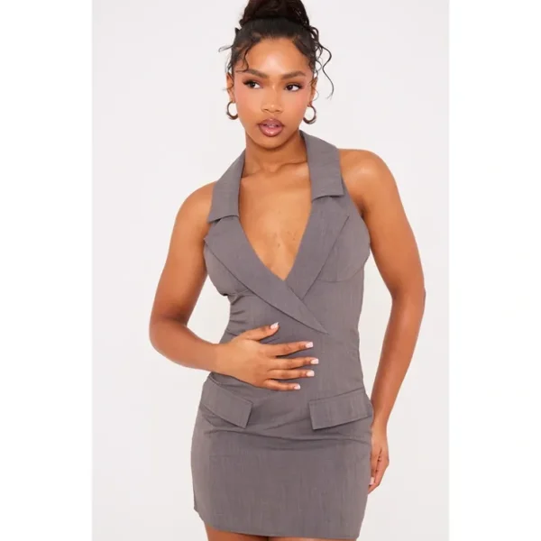 Charcoal Woven Halter Neck Pocket Mini Dress - glamourwo.com | ladies' apparel & accessories & shoes* Best