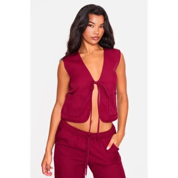 Cherry Red Woven Tie Front Sleeveless Long Top - glamourwo.com | ladies' apparel & accessories & shoes* Online