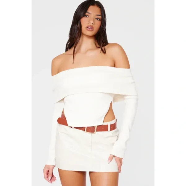 Cream Brushed Rib Fold Over Long Sleeve Top - glamourwo.com | ladies' apparel & accessories & shoes* Discount