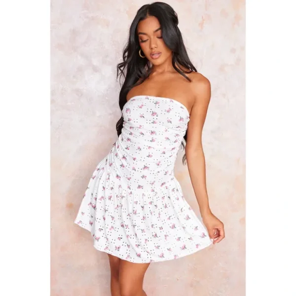 Cream Floral Broderie Frill Bandeau Bodycon Dress - glamourwo.com | ladies' apparel & accessories & shoes* New