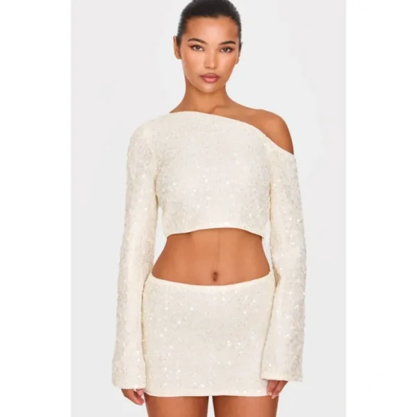 Cream Textured Sequin Long Sleeve Top - glamourwo.com | ladies' apparel & accessories & shoes* Sale