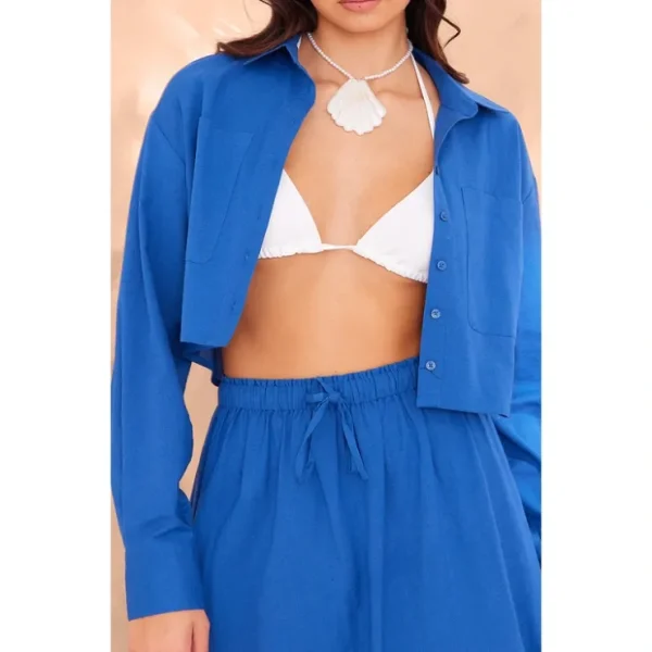 Dark Blue Linen Look Cropped Pocket Detail Shirt - glamourwo.com | ladies' apparel & accessories & shoes* Discount