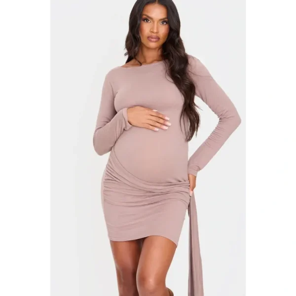 Maternity Mocha Brushed Tie Front Mini Dress - glamourwo.com | ladies' apparel & accessories & shoes* New