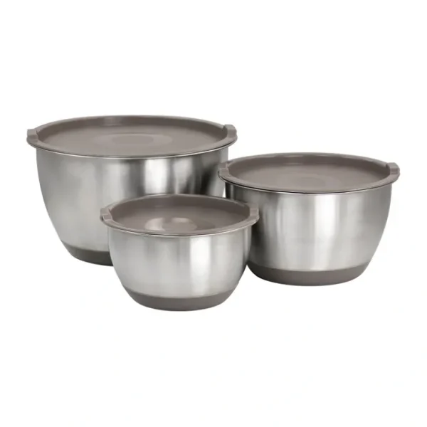 3-Piece Stainless-Steel Mixing Bowl Set with Lids in Taupe - glamourwo.com | ladies' apparel & accessories & shoes* Cheap