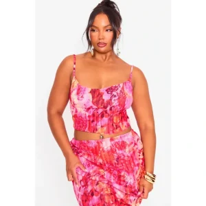 Plus Pink Abstract Plisse Strappy Cowl Neck Top - glamourwo.com | ladies' apparel & accessories & shoes* New