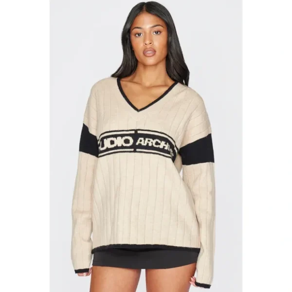Tall Stone V Neck Graphic Knitted Sweater - glamourwo.com | ladies' apparel & accessories & shoes* Flash Sale