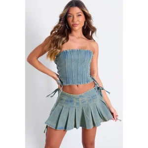 Vintage Wash Seam Side Lace Up Denim Corset Top - glamourwo.com | ladies' apparel & accessories & shoes | New