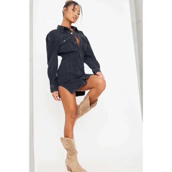 Washed Black Seam Detail Long Sleeve Denim Dress - glamourwo.com | ladies' apparel & accessories & shoes | New