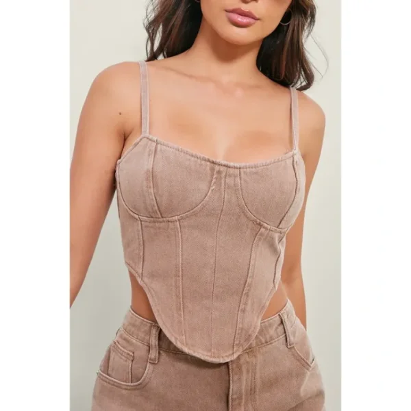 Washed Taupe Dipped Hem Denim Corset Top - glamourwo.com | ladies' apparel & accessories & shoes | Cheap