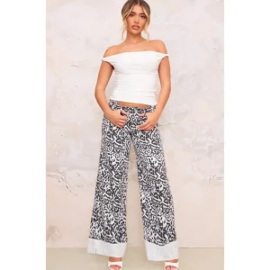 White And Black Leopard Turn Up Hem Wide Leg Jeans - glamourwo.com | ladies' apparel & accessories & shoes | Best