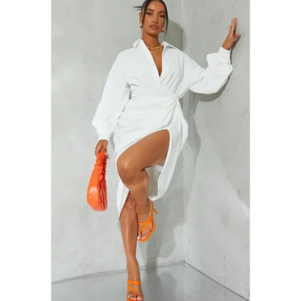 White Balloon Sleeve Gathered Skirt Shirt Dress - glamourwo.com | ladies' apparel & accessories & shoes | Best