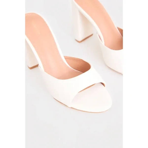White Basic Block Heeled Mule Sandals - glamourwo.com | ladies' apparel & accessories & shoes | Clearance