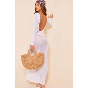 White Basic Crochet Knit Open Back Maxi Dress - glamourwo.com | ladies' apparel & accessories & shoes | Fashion