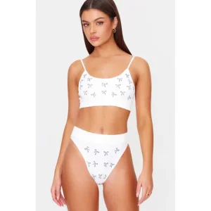 White Bow Print Ribbed Scoop Neck Bralette - glamourwo.com | ladies' apparel & accessories & shoes | Sale
