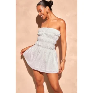 White Broderie Anglaise Ruched Shift Dress - glamourwo.com | ladies' apparel & accessories & shoes | Discount