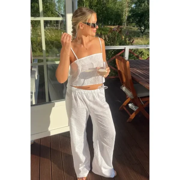 White Broderie Wide Leg Pants | Two Piece Sets - glamourwo.com | ladies' apparel & accessories & shoes | Store