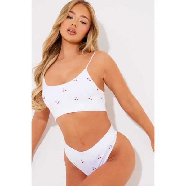 White Cherry Print Ribbed Scoop Neck Bralette - glamourwo.com | ladies' apparel & accessories & shoes | Flash Sale