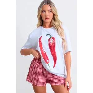 White Chilli Graphic Oversized T Shirt | Tops - glamourwo.com | ladies' apparel & accessories & shoes | Cheap