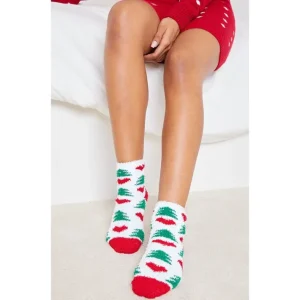 White Christmas Tree Print Fluffy Sleep Socks - glamourwo.com | ladies' apparel & accessories & shoes | Flash Sale