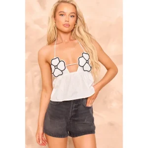 White Contrast Flower Bust Strappy Peplum Crop Top - glamourwo.com | ladies' apparel & accessories & shoes | Online