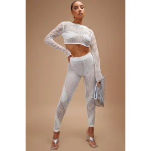 White Crochet Knit Contrast Panel Leggings - glamourwo.com | ladies' apparel & accessories & shoes | Sale