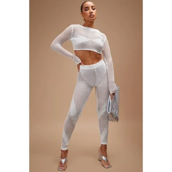 White Crochet Knit Contrast Panel Leggings - glamourwo.com | ladies' apparel & accessories & shoes | Sale