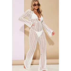 White Crochet Plunge Beach Jumpsuit - glamourwo.com | ladies' apparel & accessories & shoes | Fashion