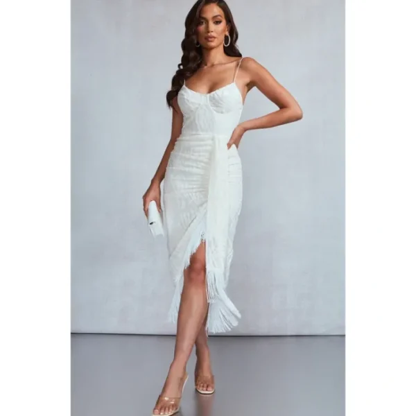 White Devore Tassel Detail Draped Midi Dress - glamourwo.com | ladies' apparel & accessories & shoes | Cheap